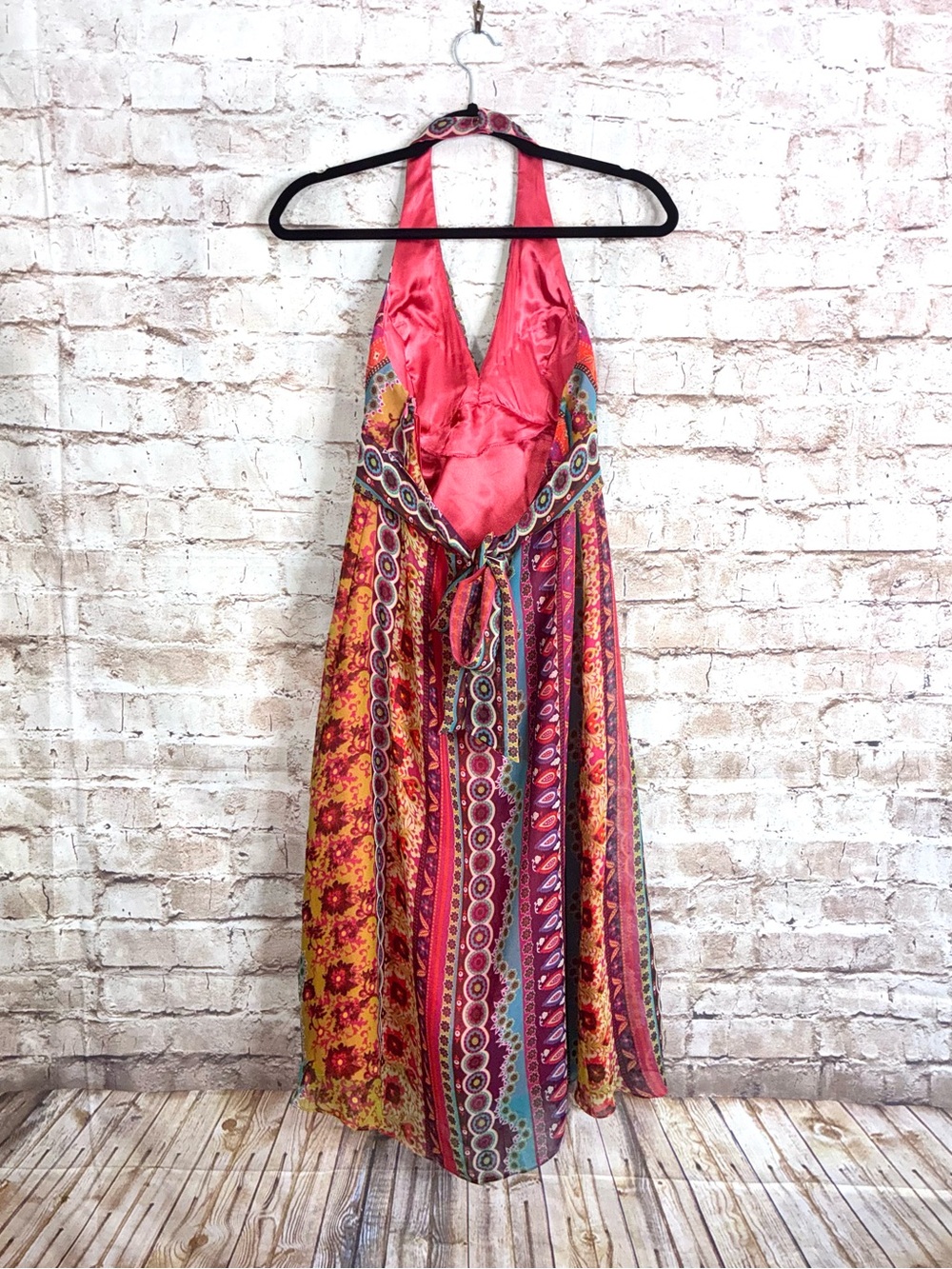 Vintage Y2K Morrell Maxie Silk Bohemian Halter Maxi Dress Size 6 - Picture 4 of 8